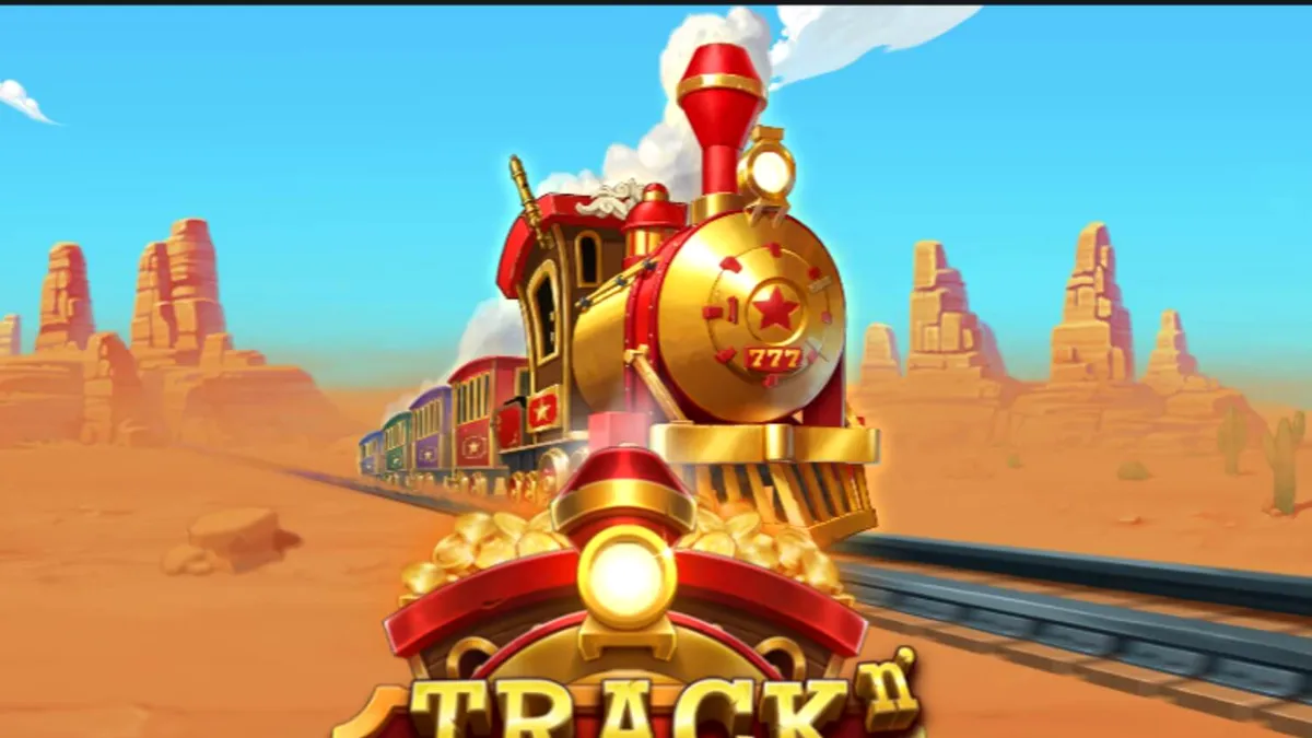 Isang tren na naglalakbay sa disyerto sa slot game na Track’n Gold